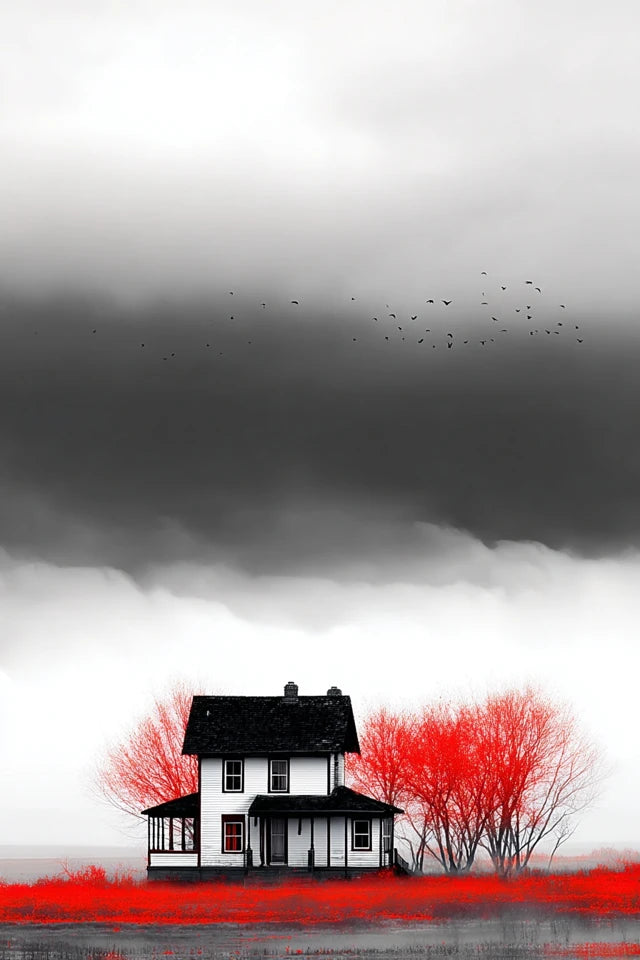 RED SILENCE – Printable Wall Art A2   RED SILENCE ist keine laute Wandkunst. Diese Serie arbeitet mit Stille, Nebel, Schwarz-Weiß-Kontrast und einem einzigen roten Impuls. Für Räume, die nicht dekoriert wirken sollen — sondern entschieden.