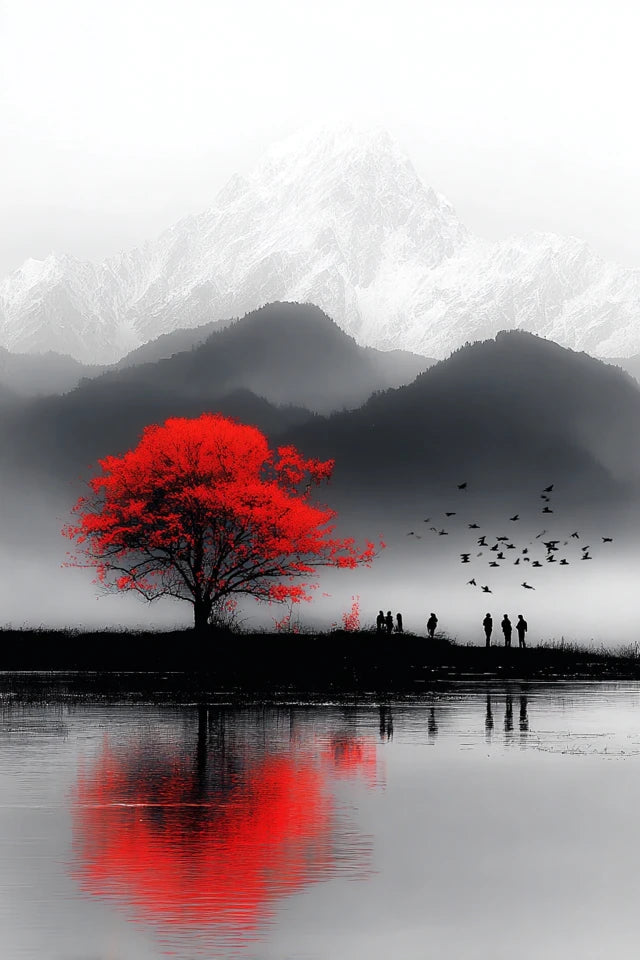 RED SILENCE – Printable Wall Art A2   RED SILENCE ist keine laute Wandkunst. Diese Serie arbeitet mit Stille, Nebel, Schwarz-Weiß-Kontrast und einem einzigen roten Impuls. Für Räume, die nicht dekoriert wirken sollen — sondern entschieden.