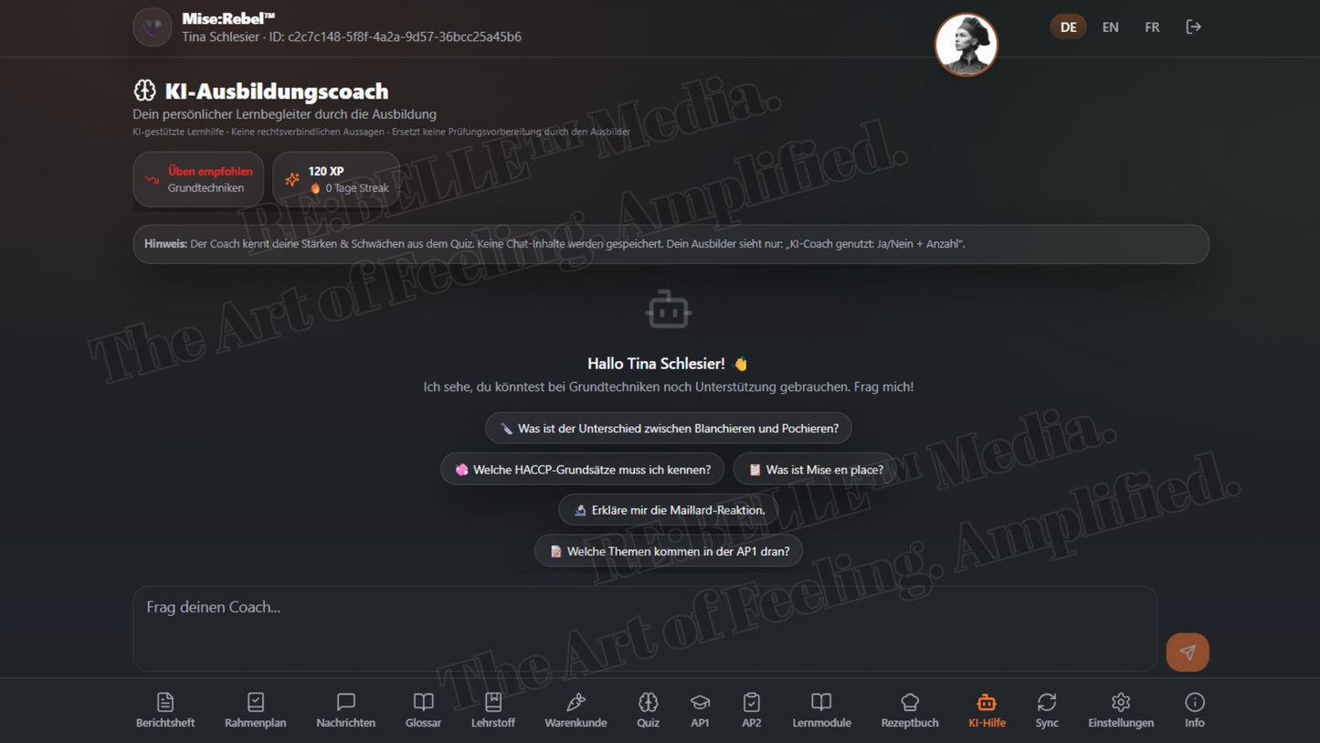 Mise:Rebel™ – Dein digitales Berichtsheft & Prüfungssystem    Du schiebst dein Berichtsheft. Die Prüfung kommt näher.  Mise:Rebel™ bringt Struktur rein – sofort, digital, überall.