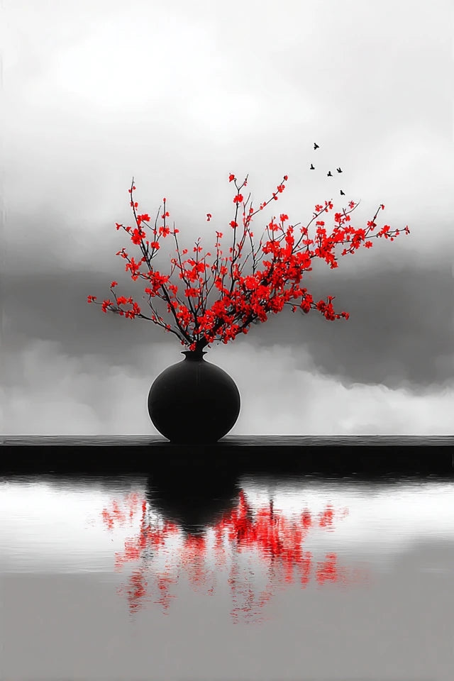 RED SILENCE – Printable Wall Art A2   RED SILENCE ist keine laute Wandkunst. Diese Serie arbeitet mit Stille, Nebel, Schwarz-Weiß-Kontrast und einem einzigen roten Impuls. Für Räume, die nicht dekoriert wirken sollen — sondern entschieden.