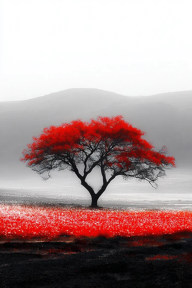 RED SILENCE – Printable Wall Art A2   RED SILENCE ist keine laute Wandkunst. Diese Serie arbeitet mit Stille, Nebel, Schwarz-Weiß-Kontrast und einem einzigen roten Impuls. Für Räume, die nicht dekoriert wirken sollen — sondern entschieden.
