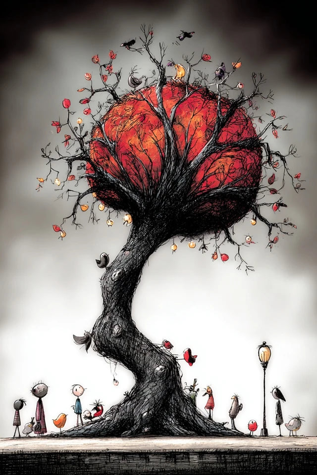 Roter Kern – Stille Explosion als Printable Poster A2 (300 DPI) Ein stiller Moment, kurz bevor etwas kippt. Dieses printable wall art hält Spannung – nicht laut, aber spürbar.