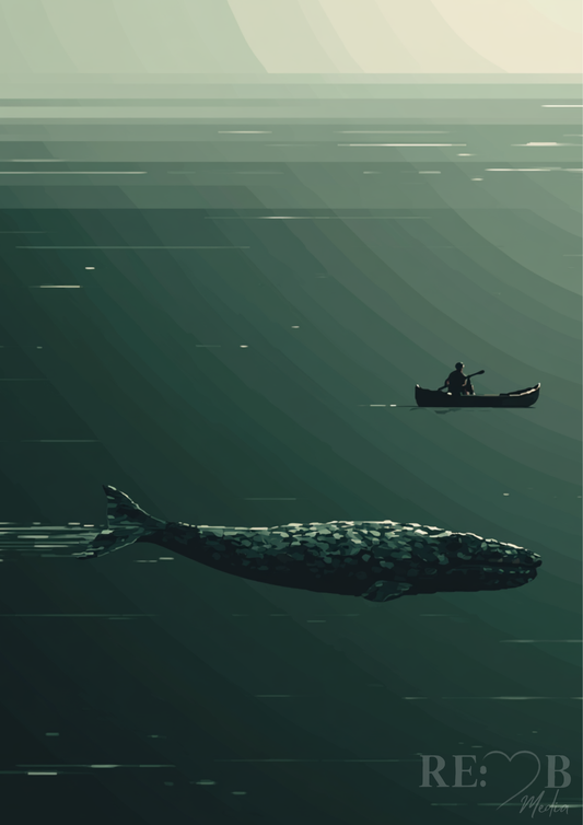 Was du nicht siehst – Wal unter dem Boot | Minimal Ozean Poster A2 Du denkst, du bist allein. Bist du nicht. Ein Bild über das, was unter dir passiert.