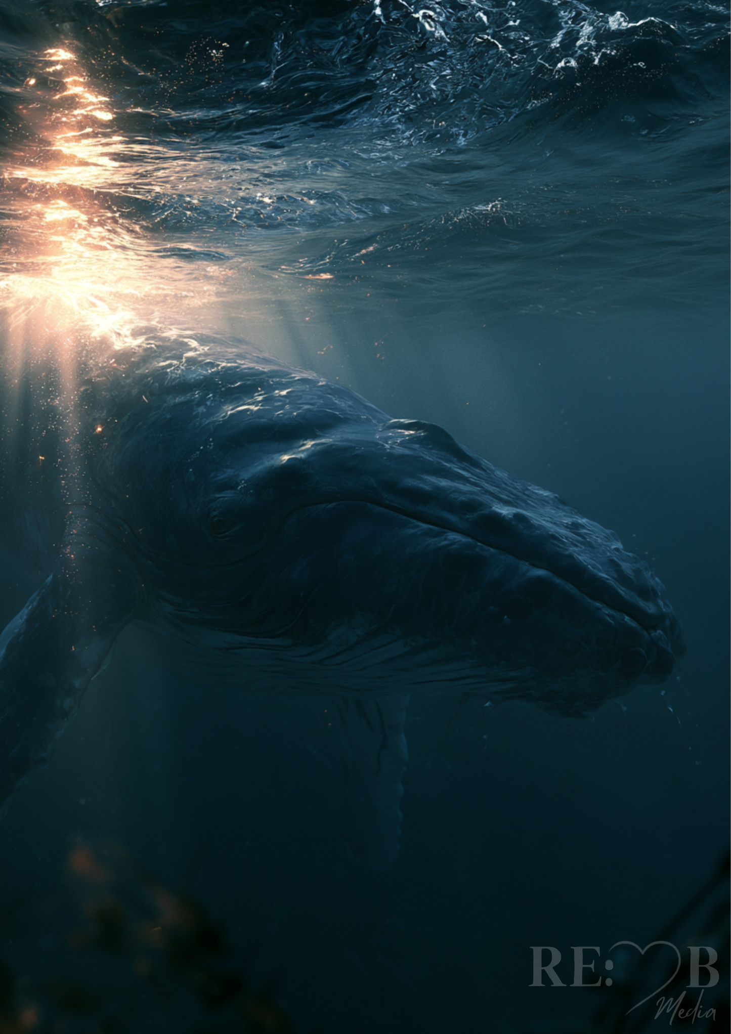 Unter der Oberfläche – Wal im Licht | Ozean Fine Art Poster A2   Du siehst nur Licht. Aber darunter passiert alles. Ein Bild für Räume, die nicht laut sein müssen, um zu wirken.