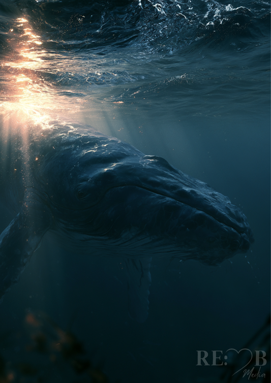 Unter der Oberfläche – Wal im Licht | Ozean Fine Art Poster A2   Du siehst nur Licht. Aber darunter passiert alles. Ein Bild für Räume, die nicht laut sein müssen, um zu wirken.