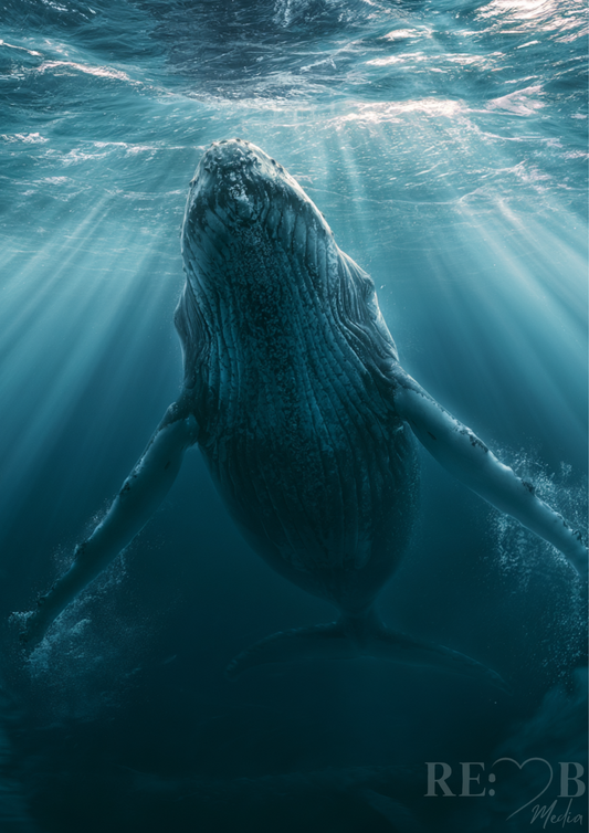 Aufstieg ins Licht – Wal unter Wasser | Ozean Fine Art Poster A2   Er bewegt sich nach oben. Nicht hastig. Sondern sicher. Ein Bild für Räume, die wissen, wohin sie wollen.