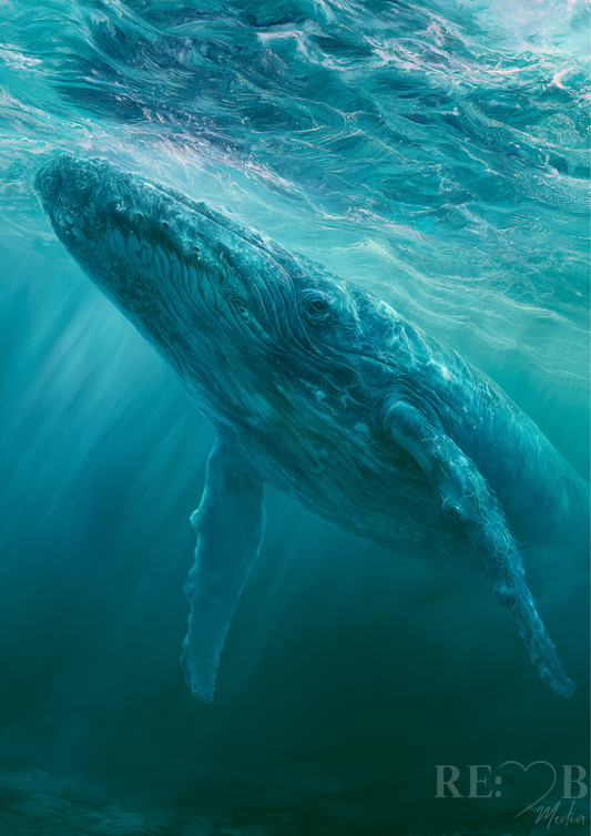 Nähe zur Tiefe – Wal im Licht | Ozean Fine Art Poster A2    Er ist nah. Und plötzlich wird alles still. Ein Bild, das nicht laut wirkt – sondern bleibt.