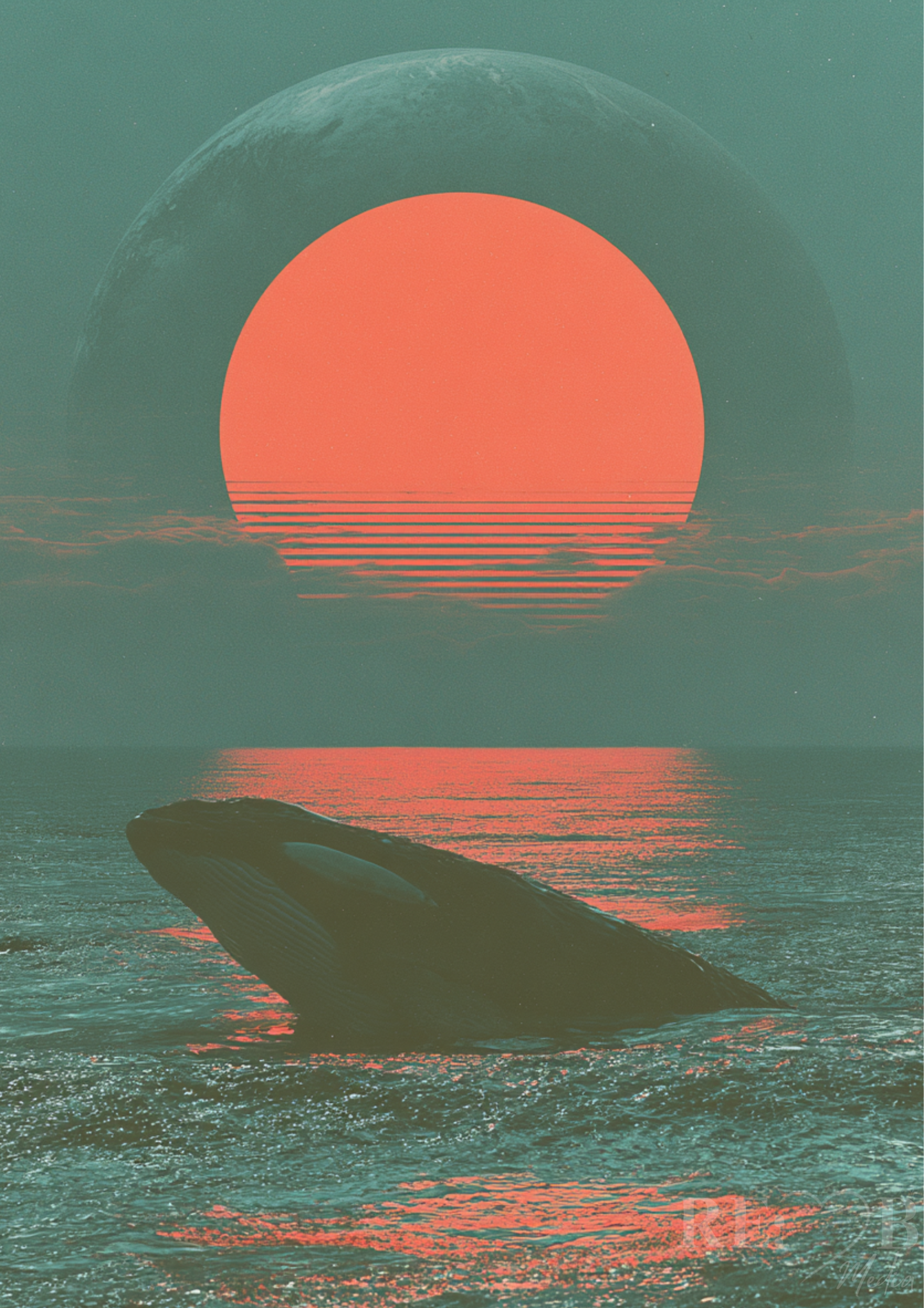 Zwischen zwei Welten – Wal & rote Sonne | Surreal Ozean Poster A2  Der Moment kippt. Wasser wird Horizont. Und plötzlich bist du nicht mehr sicher, wo oben ist.